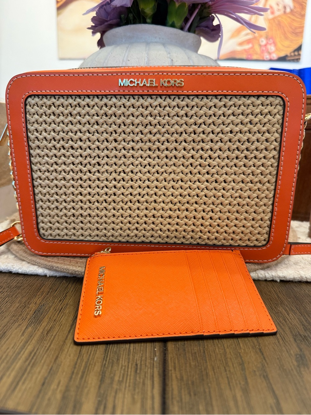 Michael Kors Orange Trim Woven Straw Crossbody with Orange Card Holder